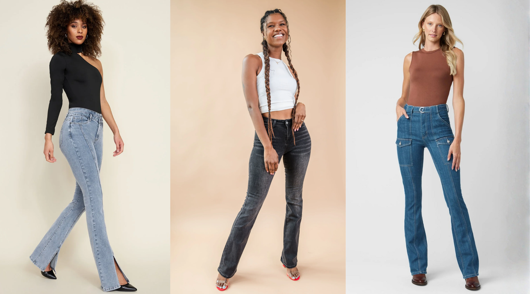Three different bootcut jeans styled with heels and sandals for tall women.