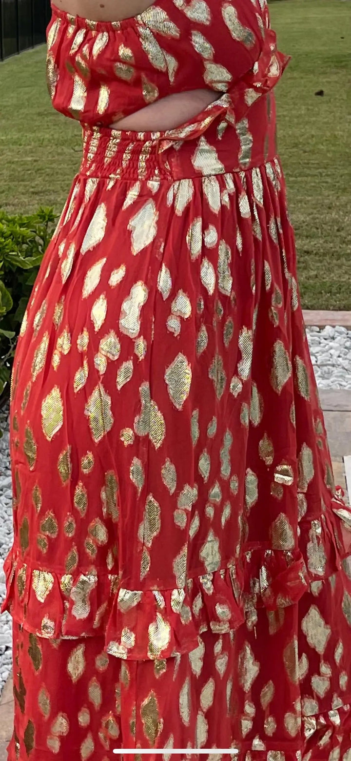 Aayna Maxi Dress - Scarlett Red with Metallic Print