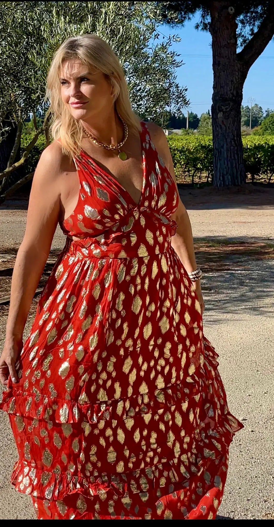 Aayna Maxi Dress - Scarlett Red with Metallic Print