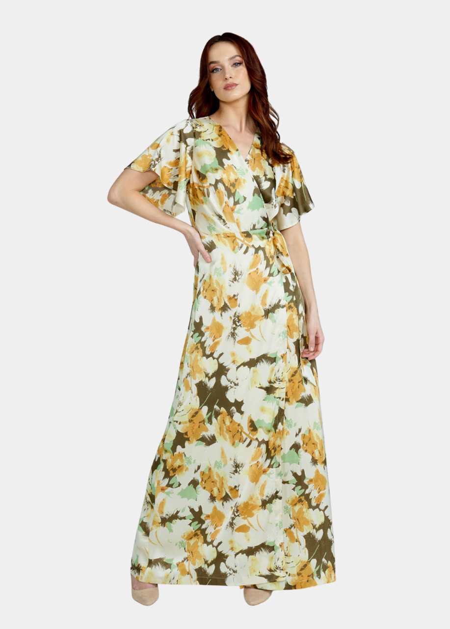 Alloy Apparel Tall Vera Silky Floral Maxi Dress for Women in Mustard Size Large