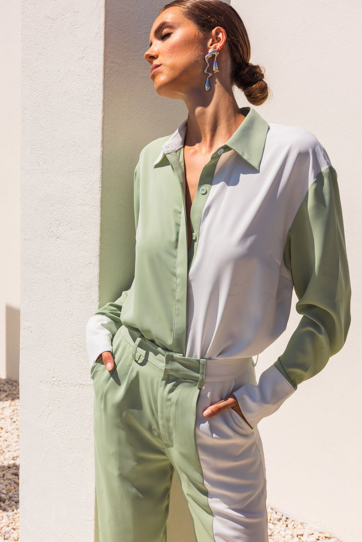 Half of the Hour Block Contrast Color Oversized Shirt - Green