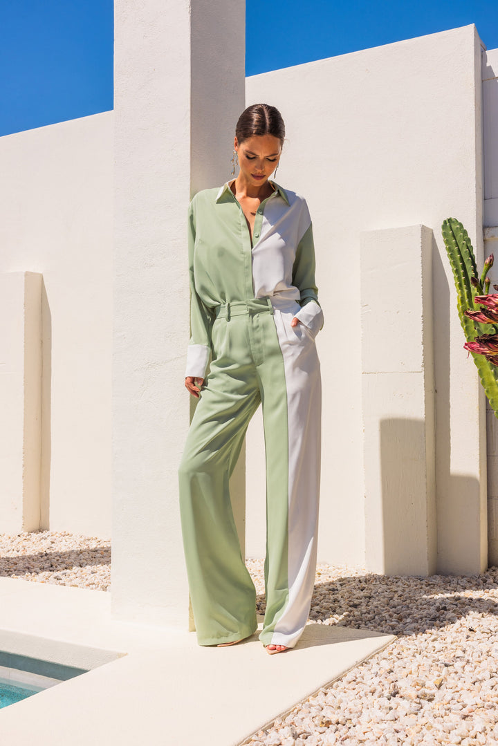 Half of the Hour Block Contrast Color Oversized Shirt - Green