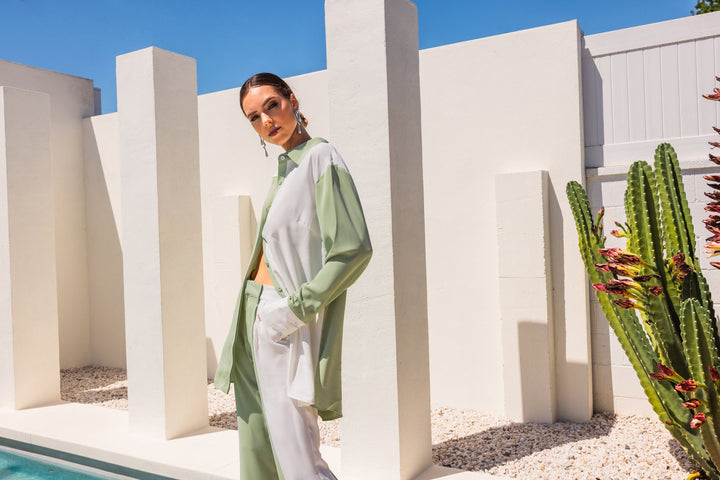 Half of the Hour Block Contrast Color Oversized Shirt - Green