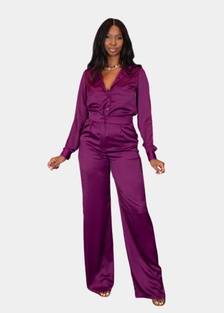 Purple satin jumpsuit sales