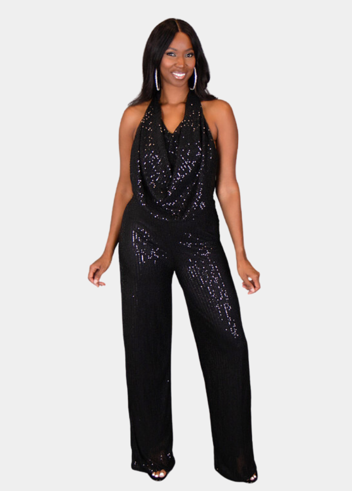 Tall Women s Black Sequin Halter Jumpsuit Prissy Duck Tall Size