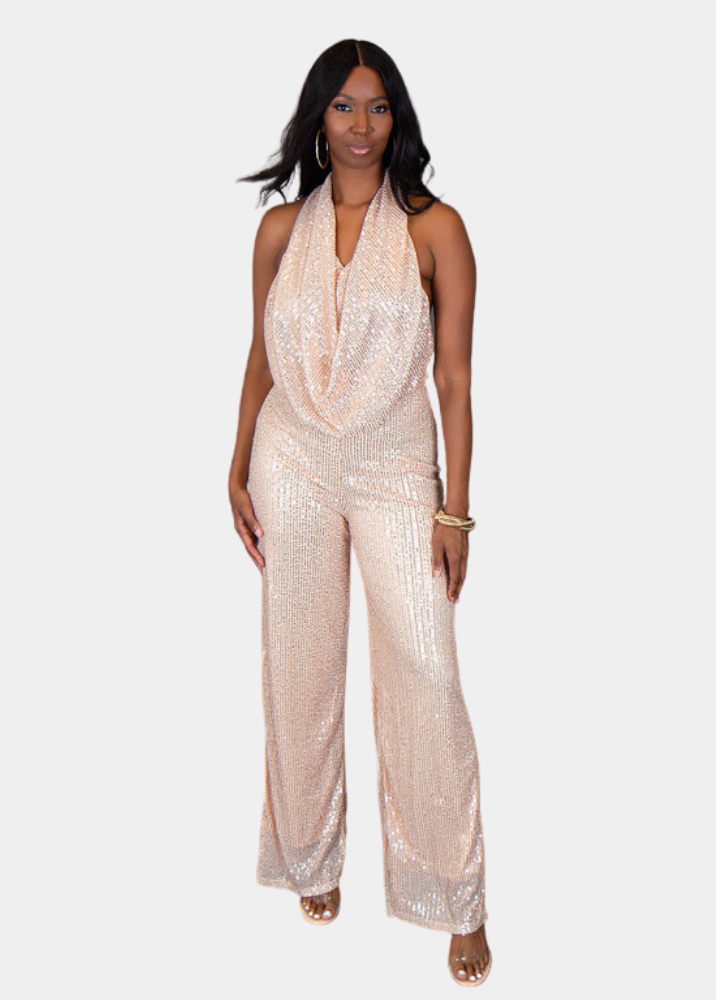 Tall Women s Gold Sequin Halter Jumpsuit Prissy Duck Tall Size