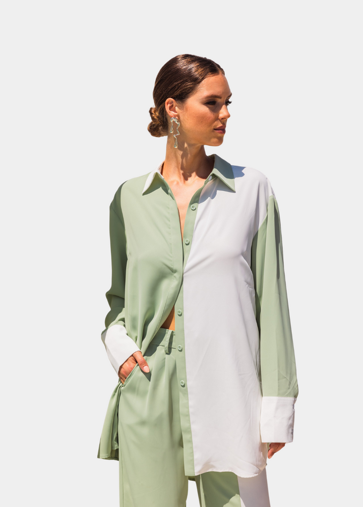Half of the Hour Block Contrast Color Oversized Shirt - Green