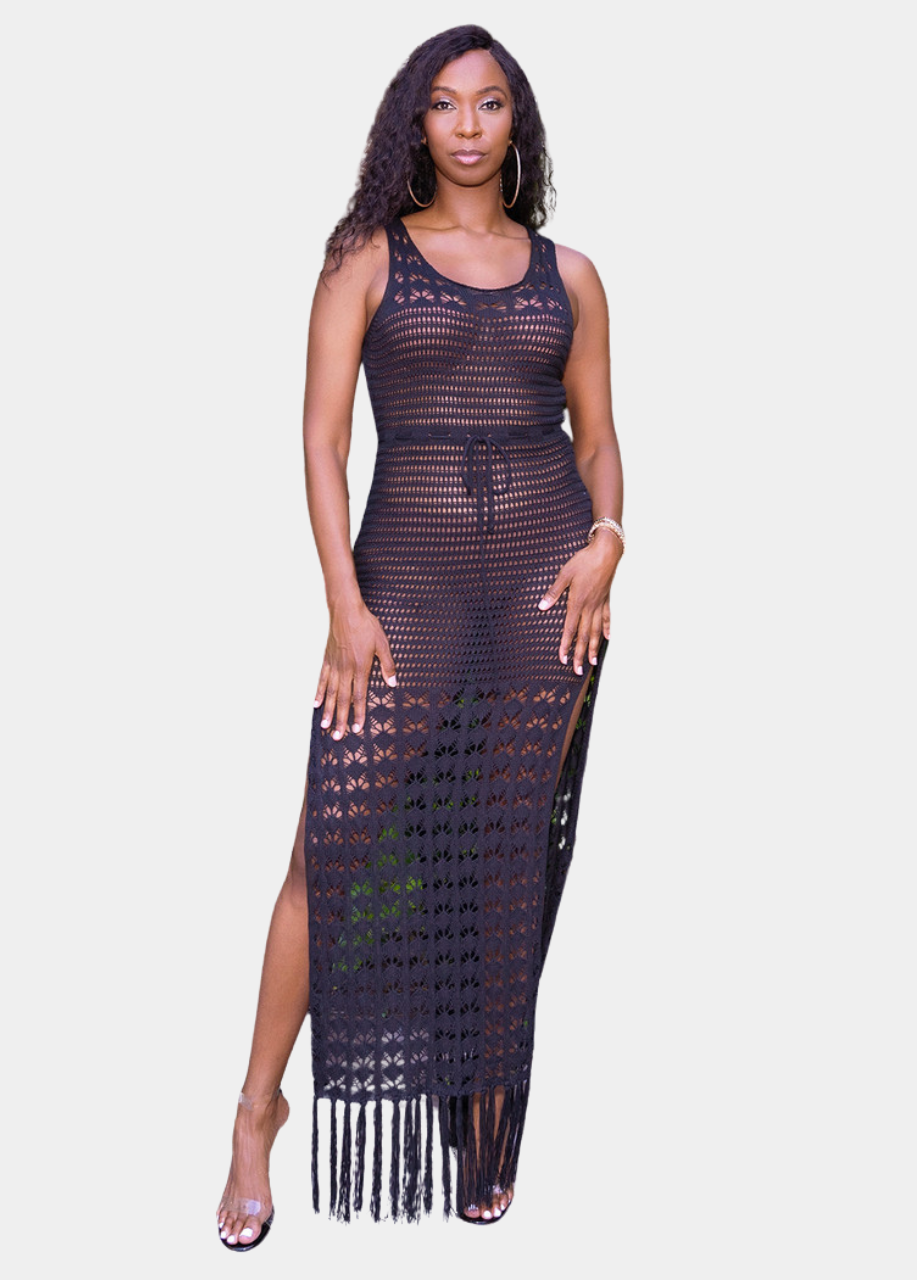 St Tropez Fringe Crochet Dress - Black Tall Size St Tropez Fringe Crochet Dress - Black Tall Size