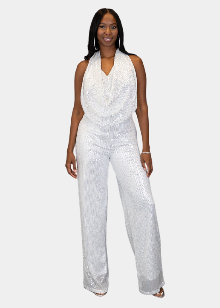 Starry Nights Sequin Jumpsuit Silver – Tall Size