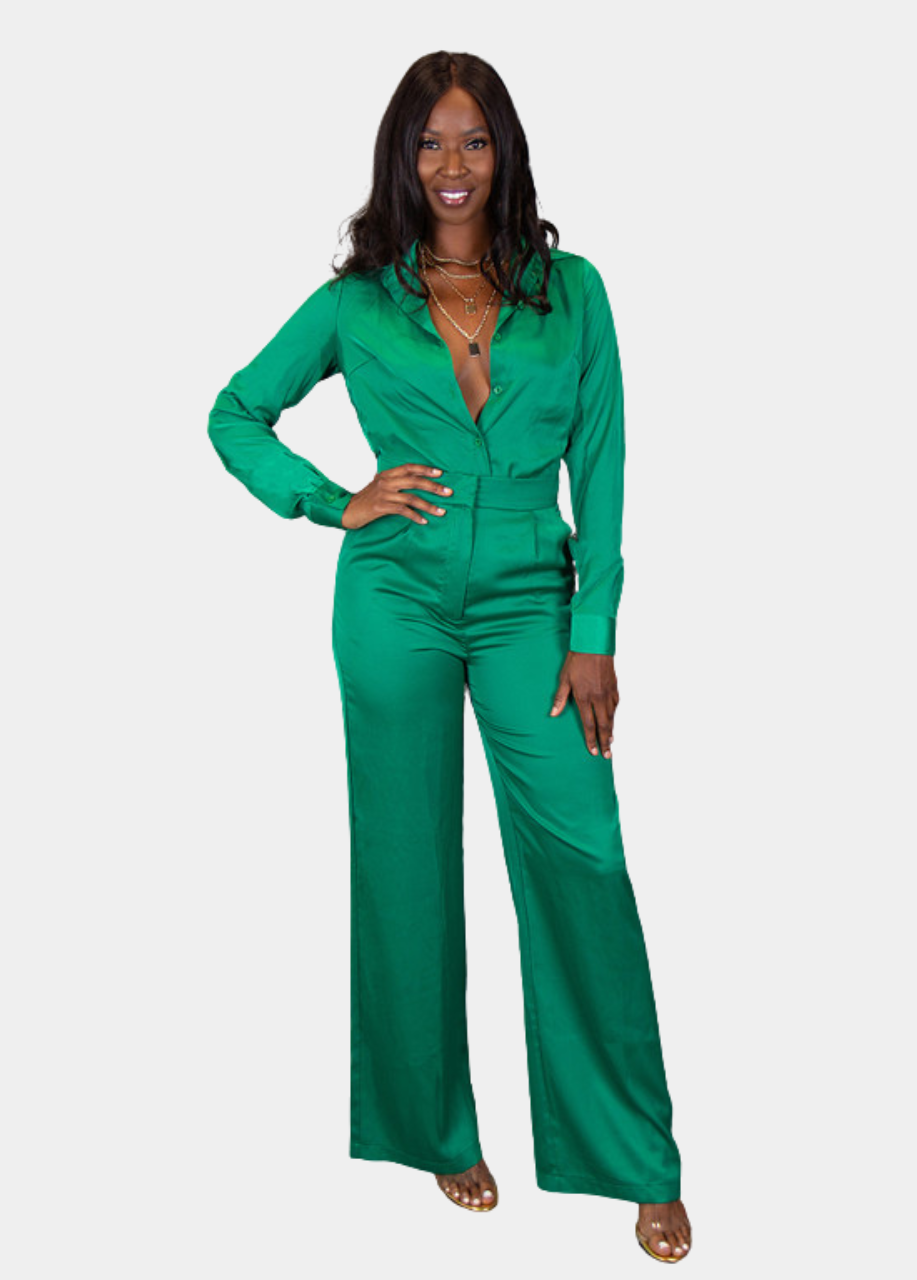 slim fit dress slacks Stella Satin Pants - Green Satin Pants for Women