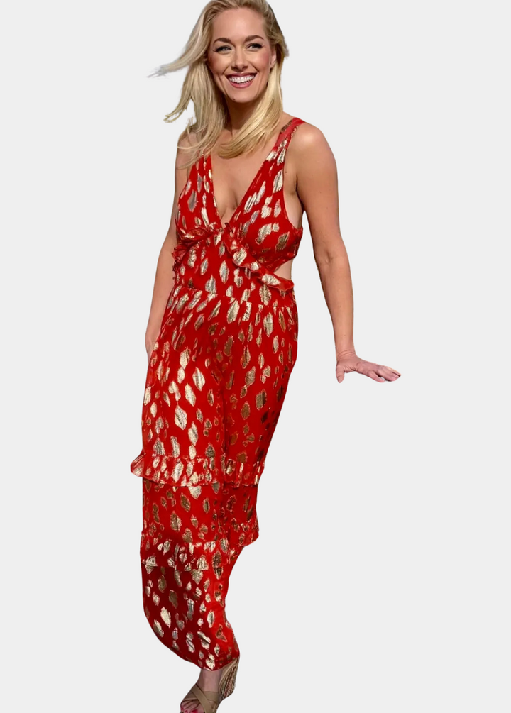 Aayna Maxi Dress - Scarlett Red with Metallic Print