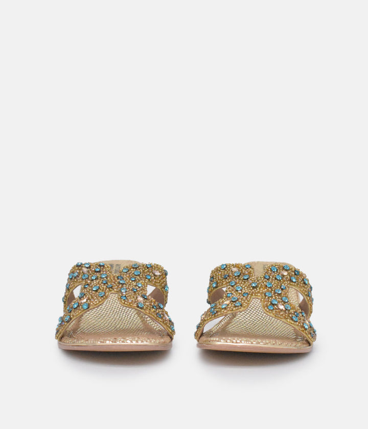 BOTTEGA Gold/Green Leather Embellished Slip On Sandal
