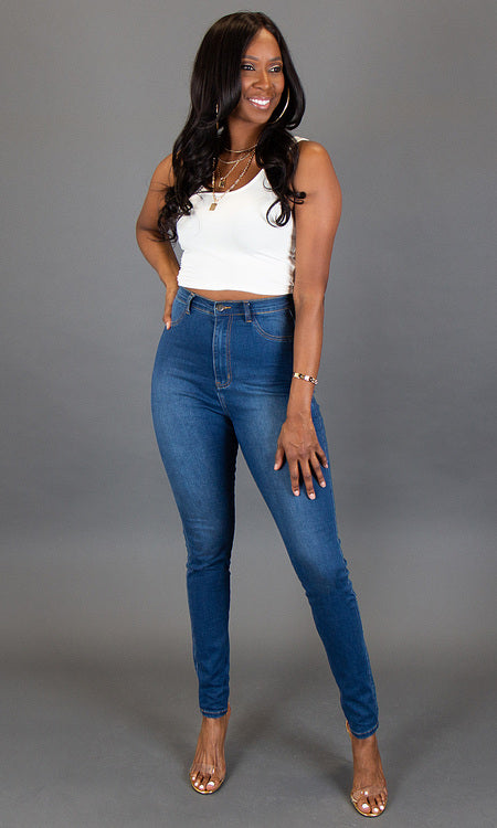 High Waist Skinny Jeans - Medium Blue