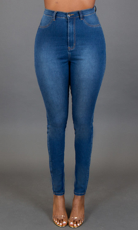 High Waist Skinny Jeans - Medium Blue