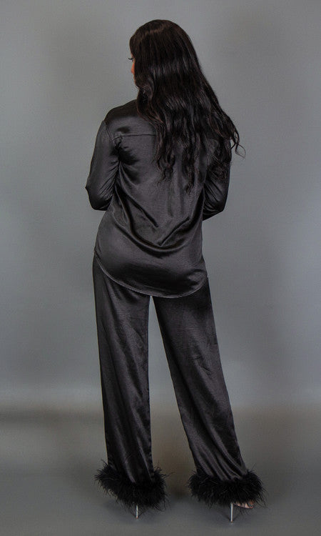 Lavish Feather Trim Pants - Black
