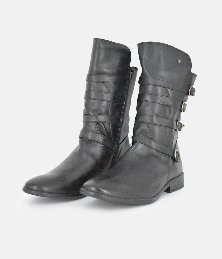 Cinderella Shoes Black Leather Buckle Midi Boots