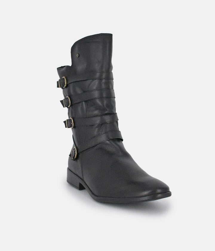 Cinderella Shoes Black Leather Buckle Midi Boots