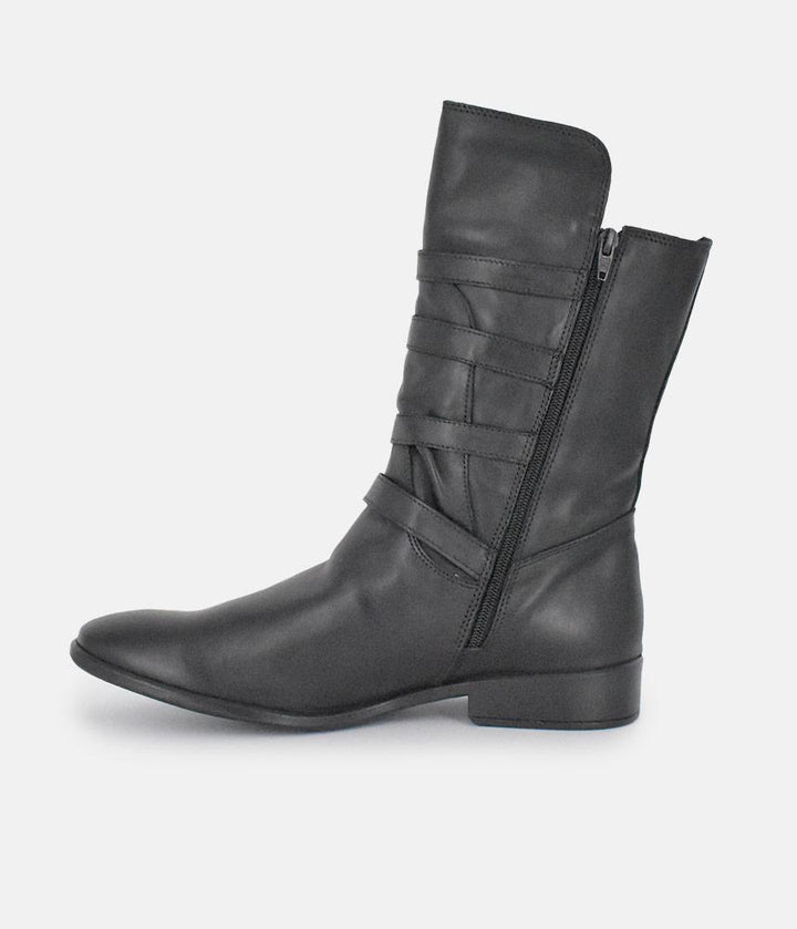 Cinderella Shoes Black Leather Buckle Midi Boots