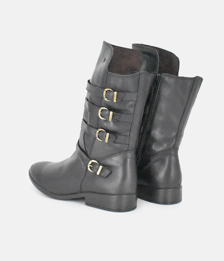 Cinderella Shoes Black Leather Buckle Midi Boots
