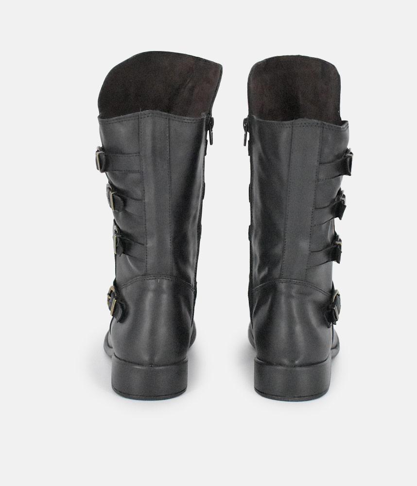 Cinderella Shoes Black Leather Buckle Midi Boots