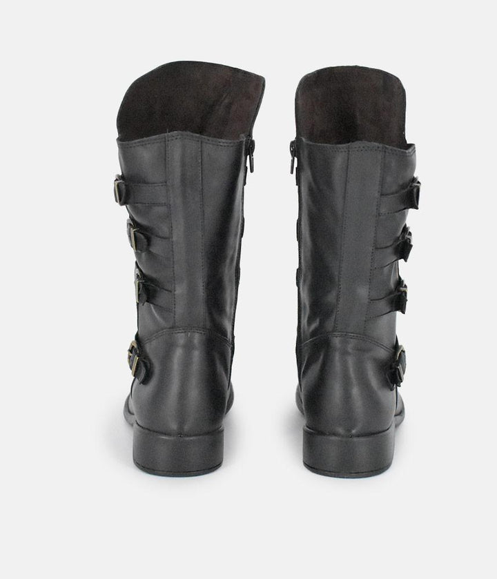 Cinderella Shoes Black Leather Buckle Midi Boots