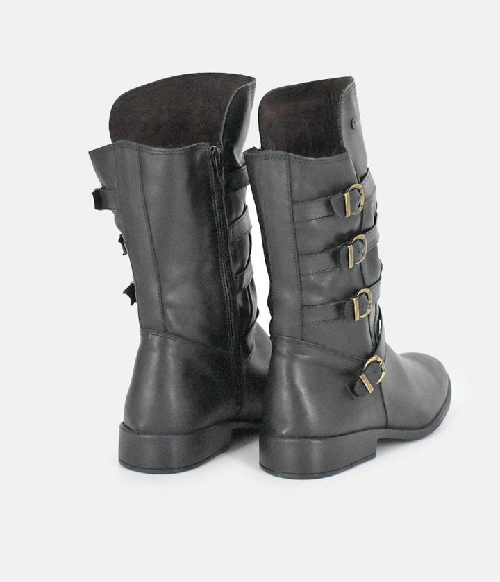 Cinderella Shoes Black Leather Buckle Midi Boots