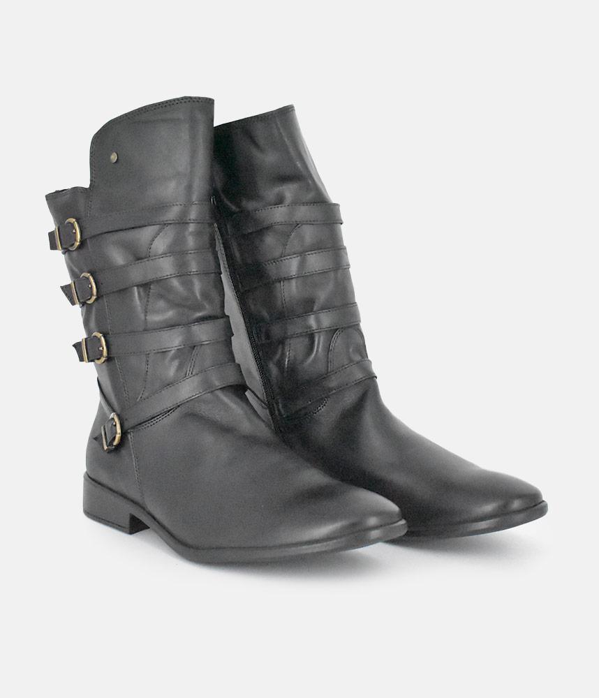 Cinderella Shoes Black Leather Buckle Midi Boots
