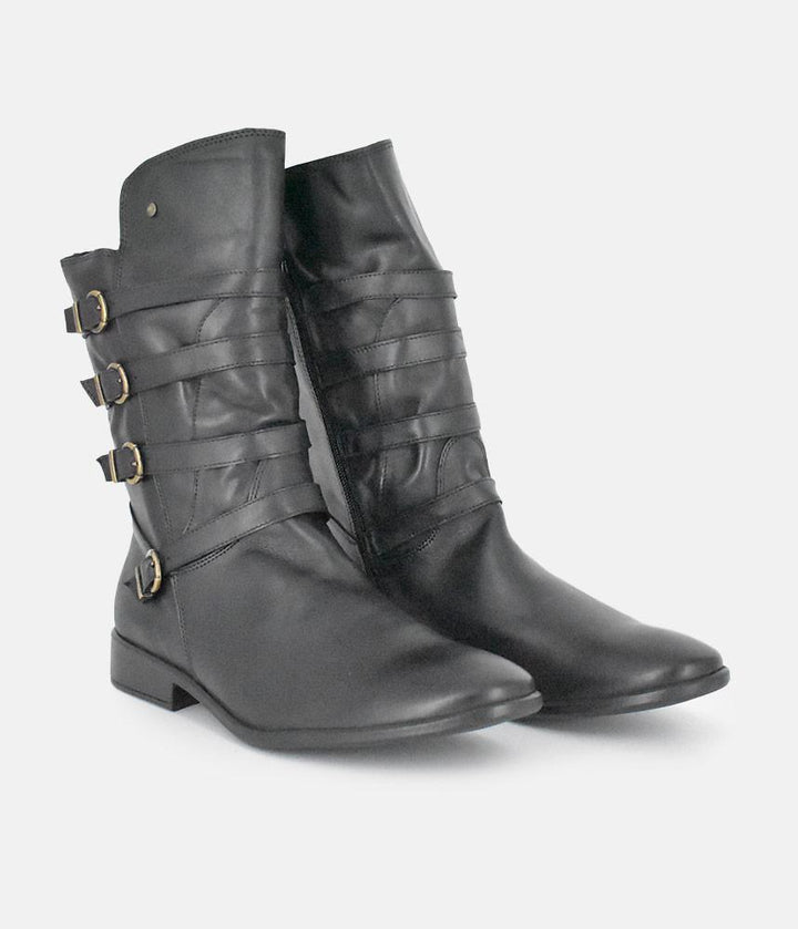 Cinderella Shoes Black Leather Buckle Midi Boots
