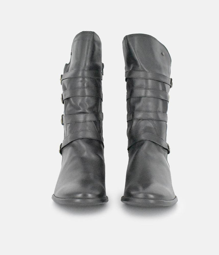 Cinderella Shoes Black Leather Buckle Midi Boots