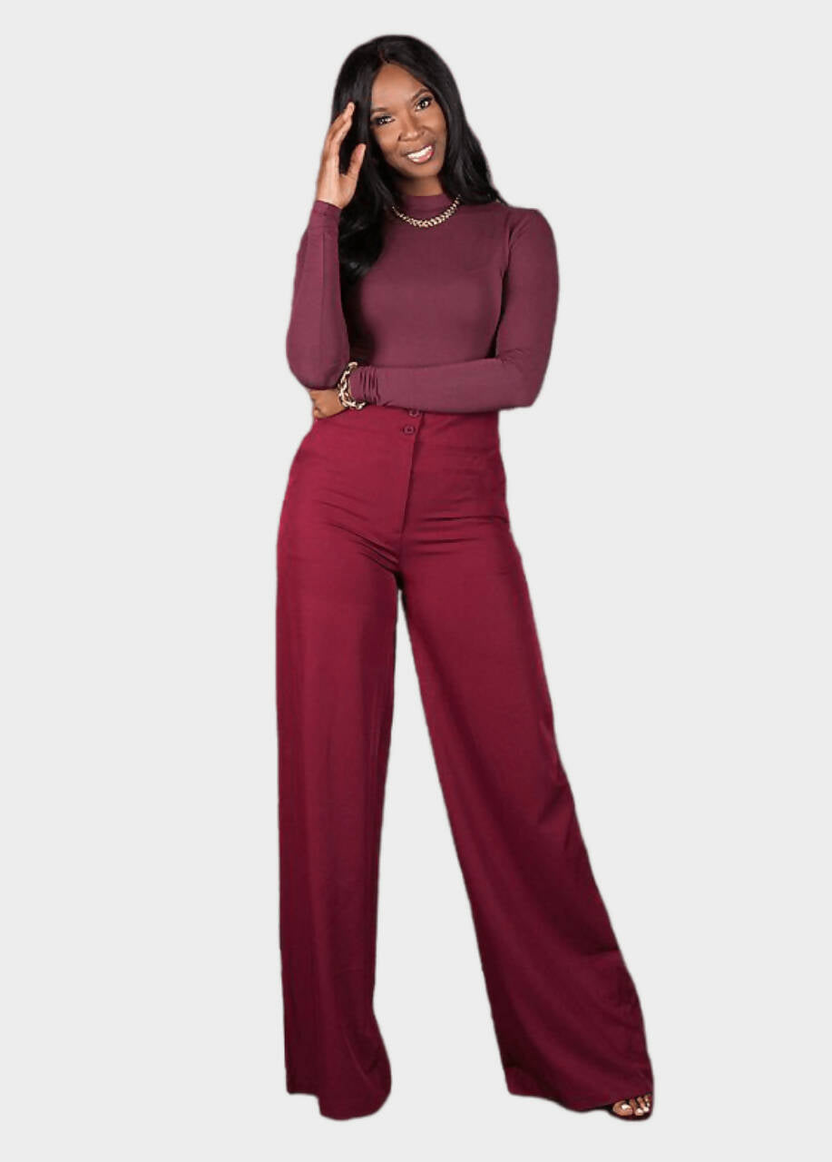 Wine Double Button Pants | High Waist Wide Leg Pants | Tall Size L / 39" Wine Double Button Pants | High Waist Wide Leg Pants | Tall Size L / 39"