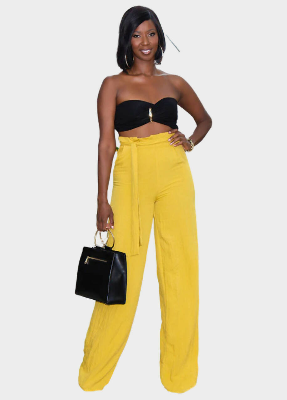 High Waisted Mustard Yellow Bell Bottom Pants Harper Paper Bag