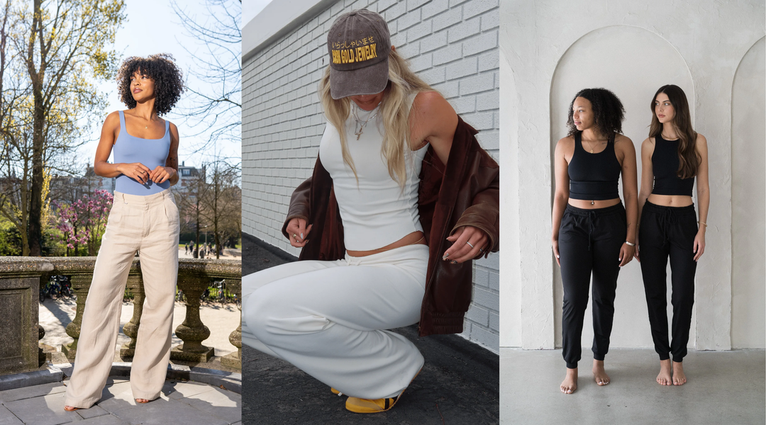 Women wearing relaxed tanks and pants in outdoor and minimal indoor settings, styled for casual comfort.