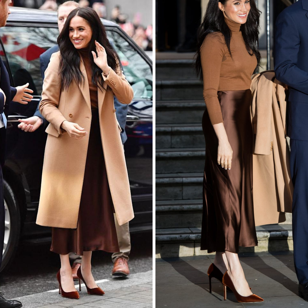 How to Style a Brown Silk Midi Skirt like Meghan Markle