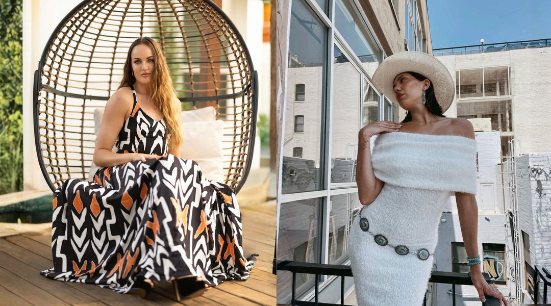 Two women in bold summer dresses, one seated in a rattan chair, the other posing in a fuzzy white off-shoulder dress.
