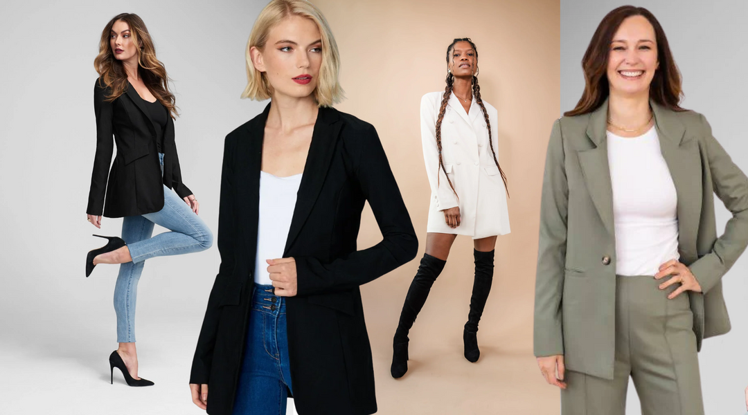 Tall women styled in tailored blazers—black with jeans, black open, white blazer dress, and sage green pantsuit.