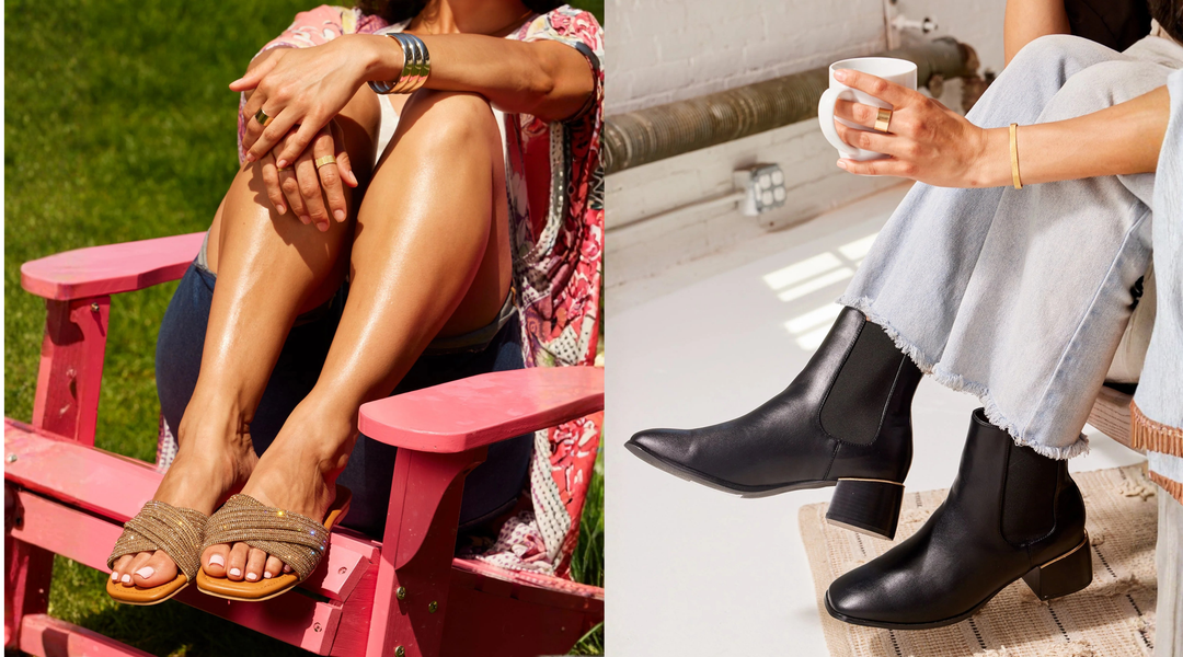 A close-up of woven slide sandals styled with summer-ready legs.