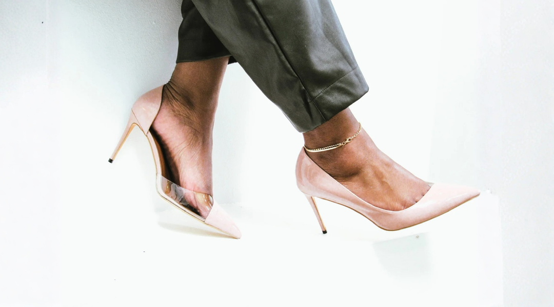 Blush heels with a clear panel, made for long feet.
