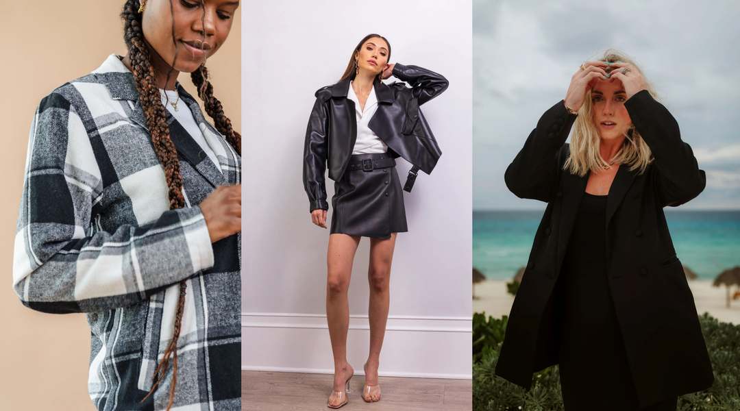 A stylish set of three women in fall and winter outerwear—plaid, faux leather, and oversized black blazers.