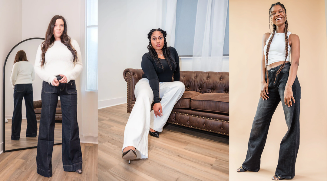 Three women model cozy loungewear sets in charcoal, wine, and camel tones.