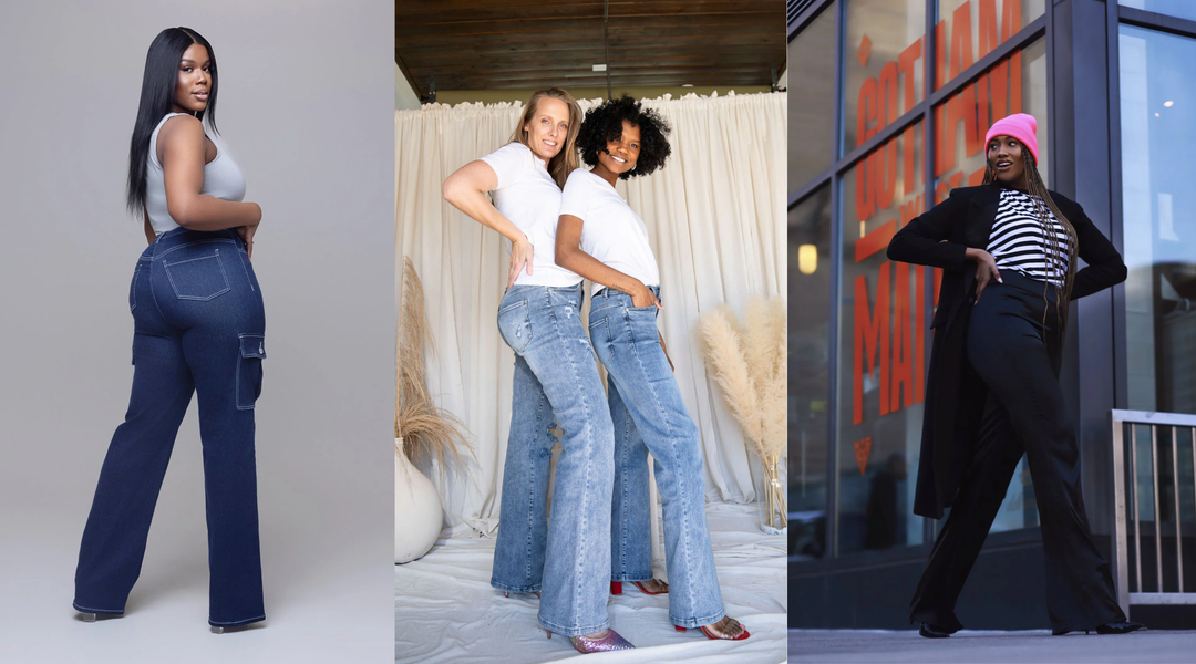 Three women modeling high-rise wide-leg jeans in dark wash, light wash, and black tailored trousers.