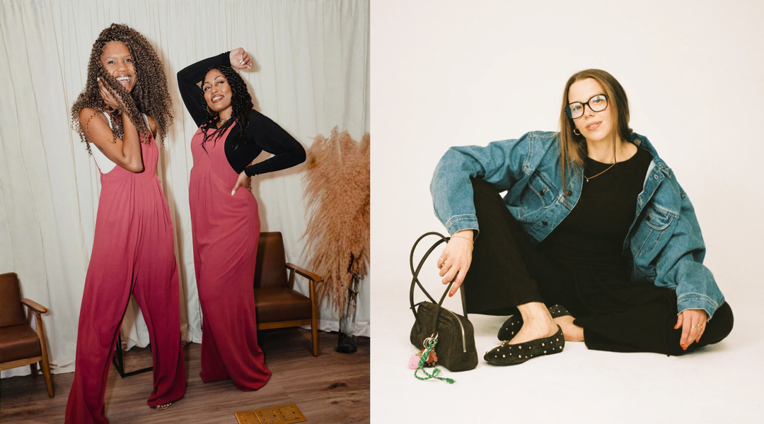 Two women model pink wide-leg jumpsuits while another woman wears black pants with a denim jacket.