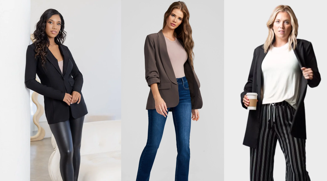 Three women model tailored blazers in black, taupe, and pinstripe for elevated casual looks.