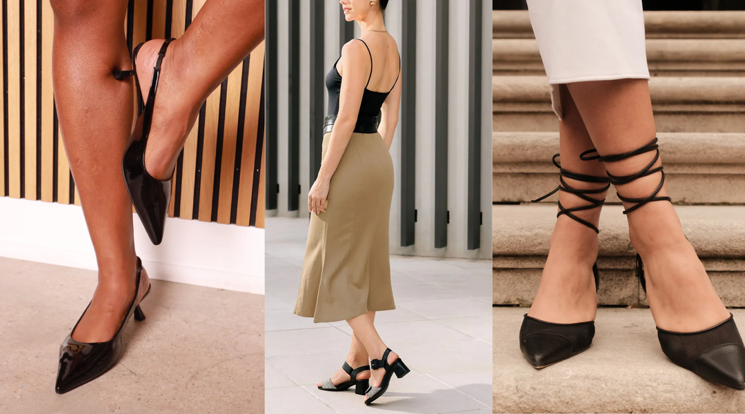 A mix of elegant heels—from classic black slingbacks to strappy lace-ups—styled with skirts and dresses for a polished look.