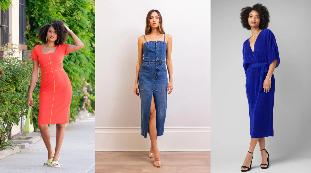 Tall models wear colorful dresses including a coral sheath, button-up denim midi, and a belted cobalt blue wrap dress.