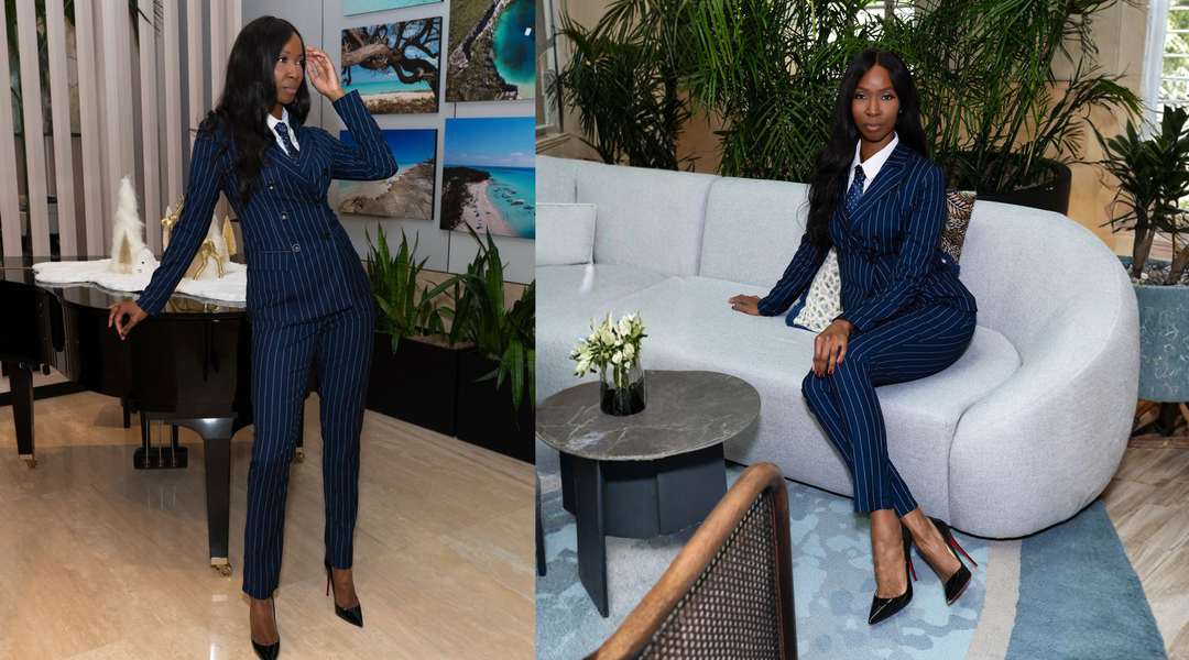 Tall women wearing tailored blazers, dresses, and wide leg trousers for professional outfits.