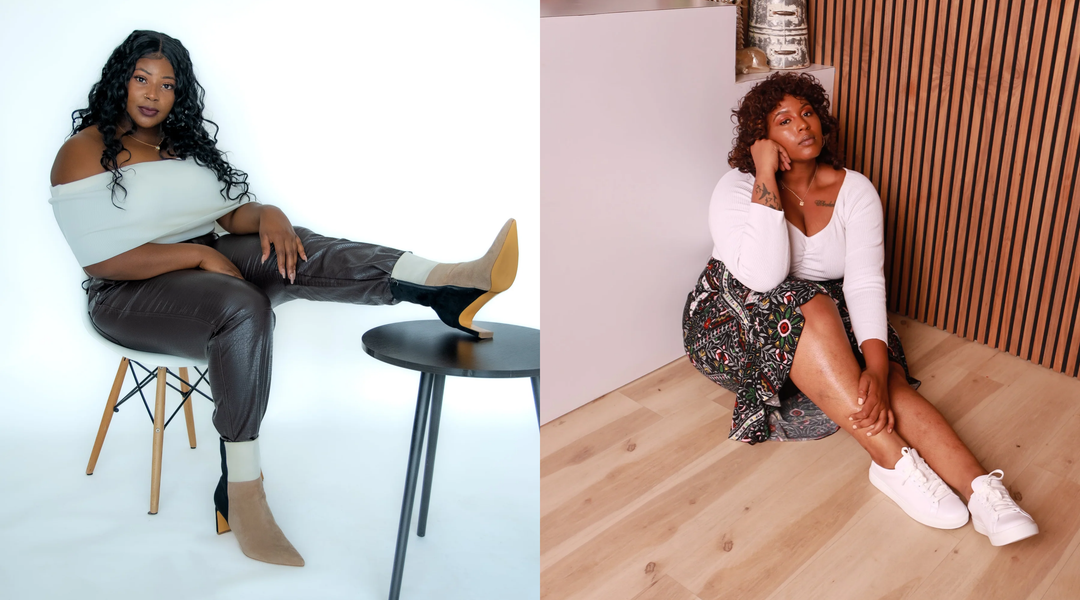 Women in fashion-forward outfits showing off footwear—one in pointed-toe colorblock ankle boots, the other in a printed skirt and white platform sneakers.