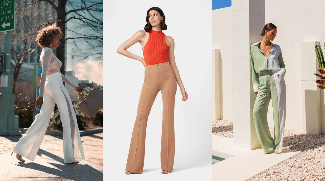 Tall models wearing flared dress pants in white, camel, and green.