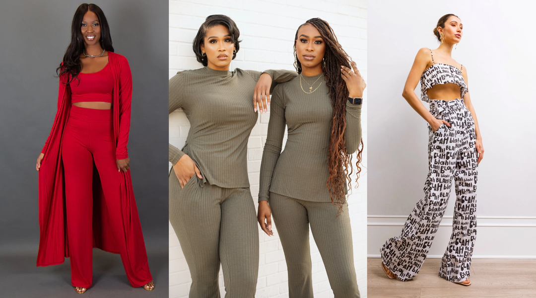 Three different tall outfit sets: a woman in a red crop top with matching wide-leg pants and duster, two women in ribbed olive green lounge sets, and a woman in a printed “blah blah blah” two-piece set.