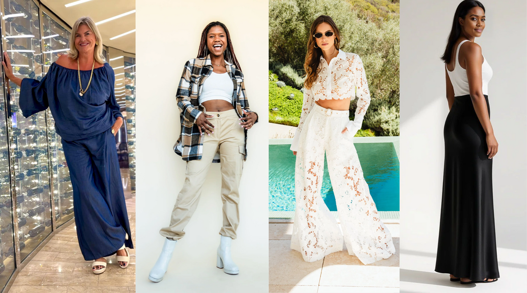 Tall women in stylish pants—off-shoulder navy set, cargo with plaid, white lace co-ord, and black satin trousers.