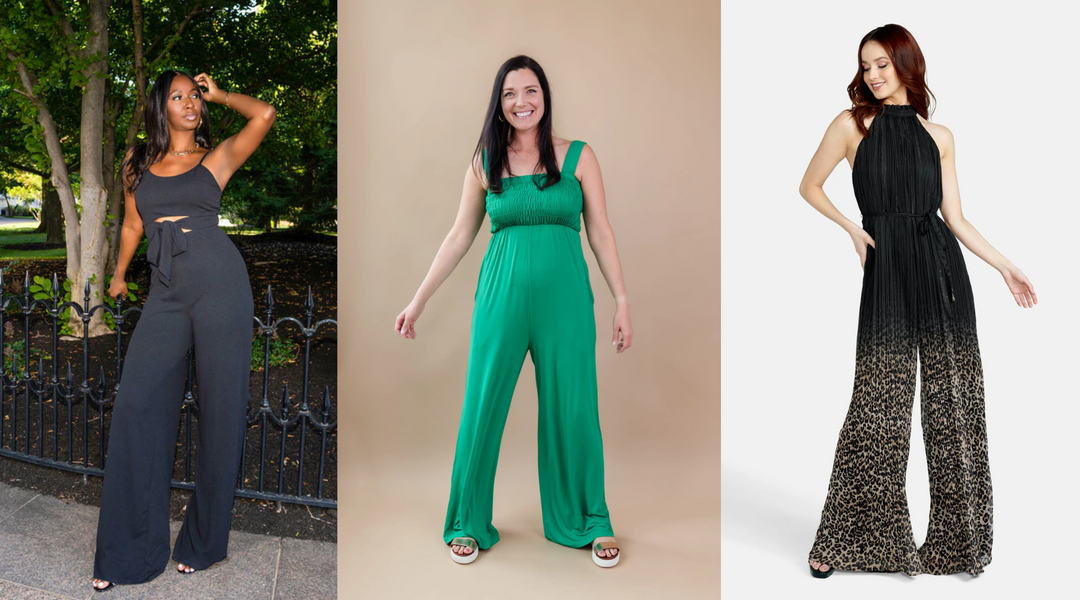 Tall women in stylish jumpsuits—black cutout, vibrant green smocked, and black-to-leopard ombré pleated style.